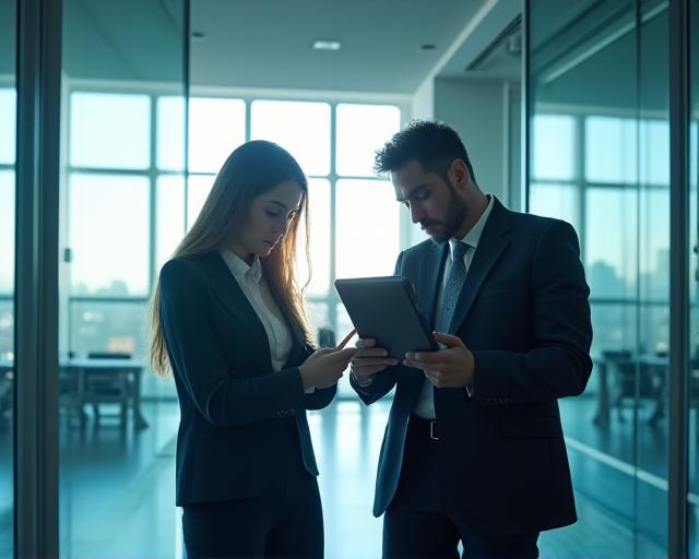 Two professionals in a modern glass office discussing IT network topology