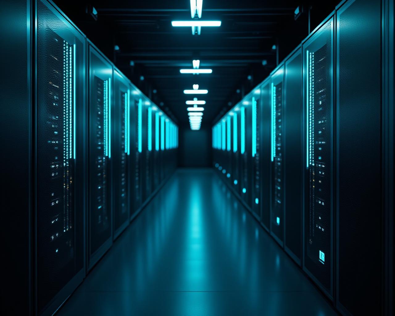 Futuristic server room with blue lighting representing high-tech IT solutions